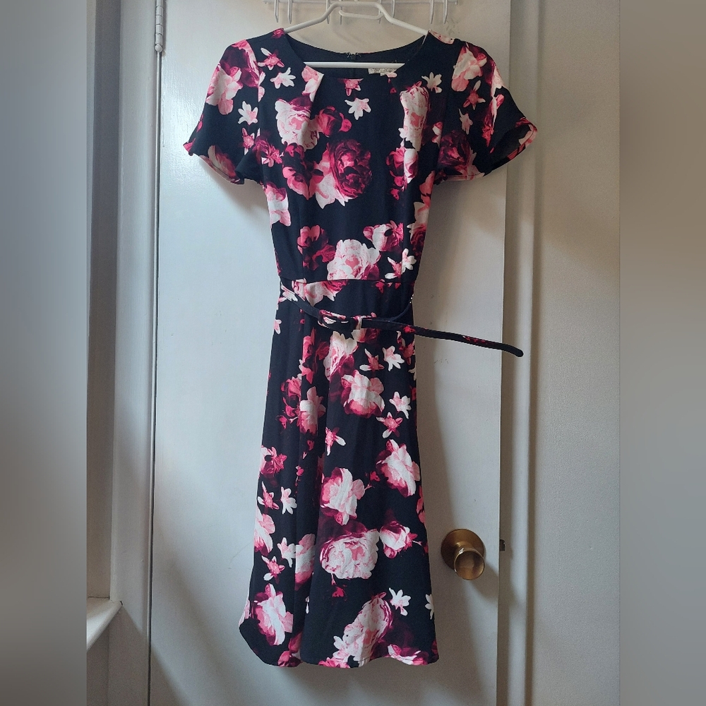Eva Mendes for New York & Company Black and Pink Floral Midi Dress